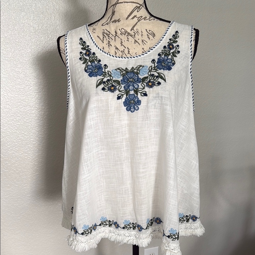 Max Studio White Tank Top with Blue Embroidery